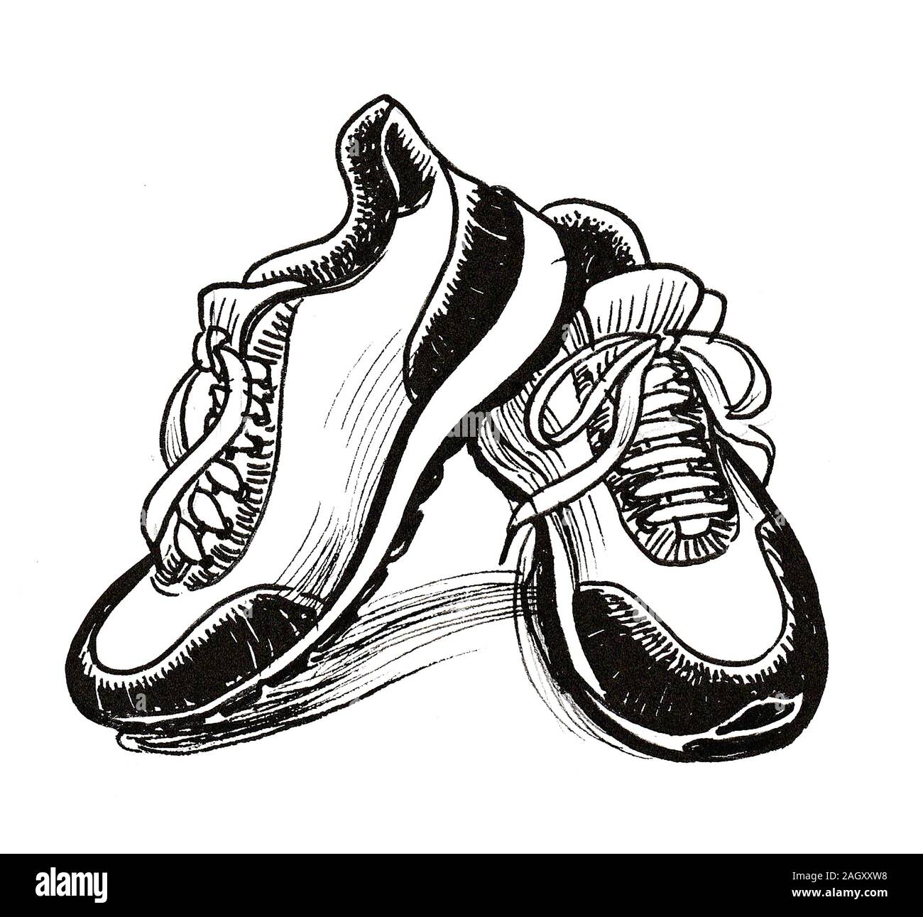 Paire de chaussures de sport. Dessin noir et blanc Encre Banque D'Images
