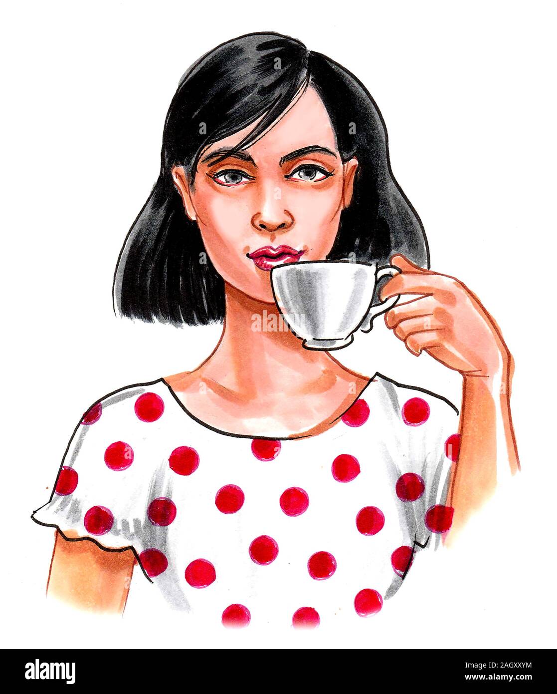 Jolie femme buvant une tasse de thé. Illustration encre et aquarelle Banque D'Images