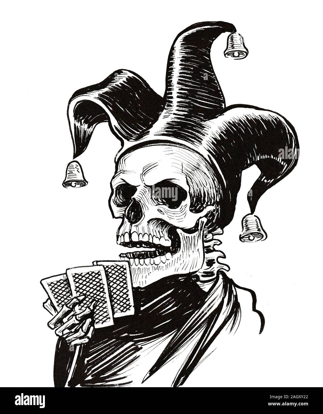 Squelette dans chapeau de jester avec une carte de jeu. Encre dessin noir et blanc Banque D'Images