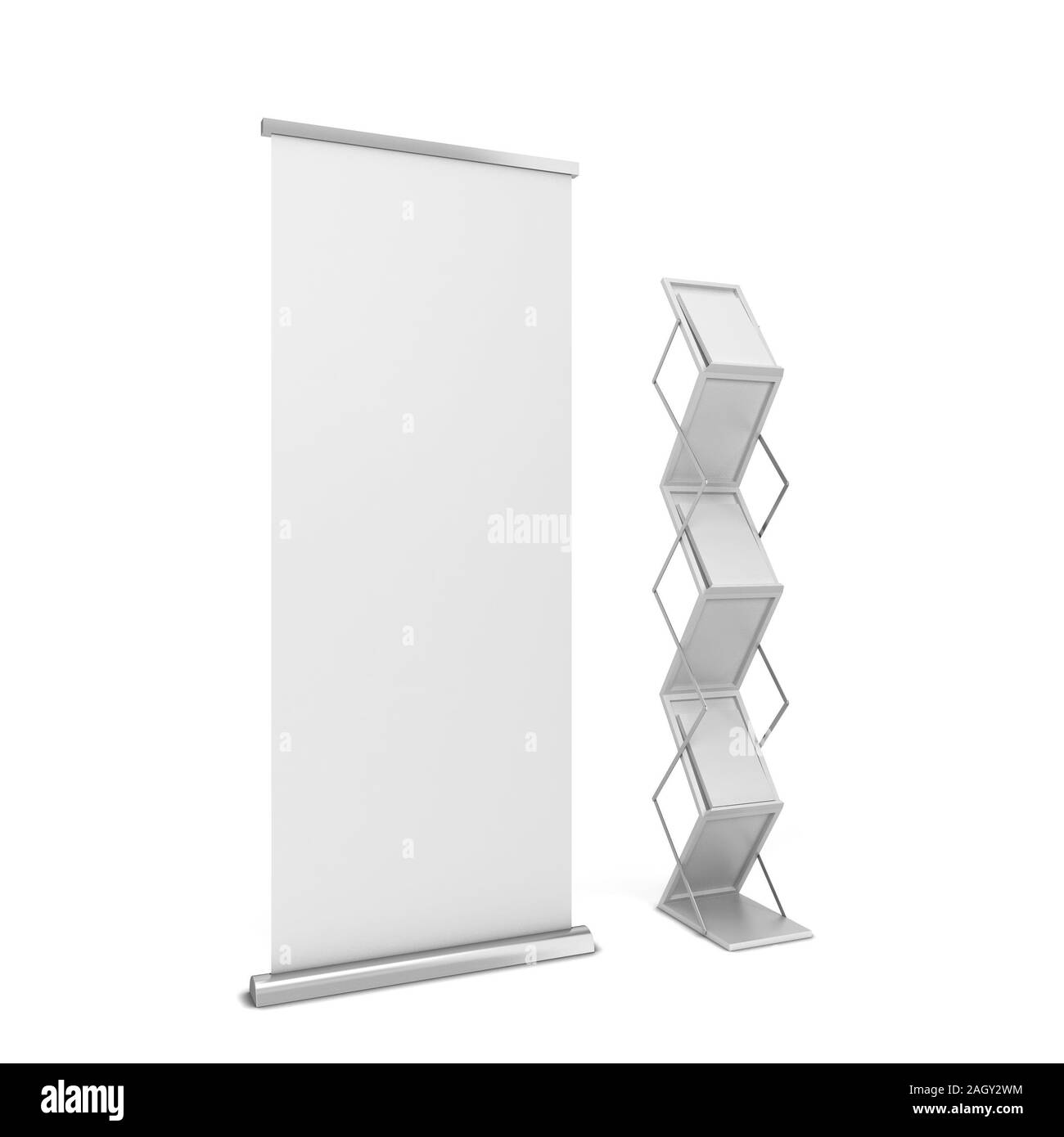 Roll up banner avec support pour brochures. 3d illustration isolé sur fond blanc Banque D'Images