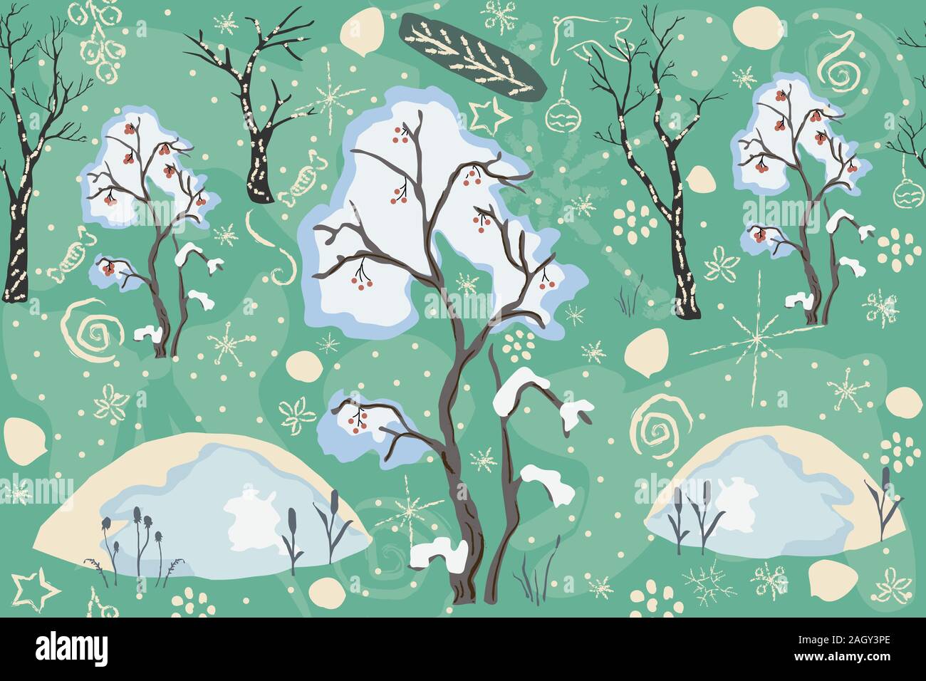 Motif d'hiver sans couture avec merry Christmas Tree, berry tree couverte de neige et des congères. Répéter l'hiver. Vector Illustration Illustration de Vecteur