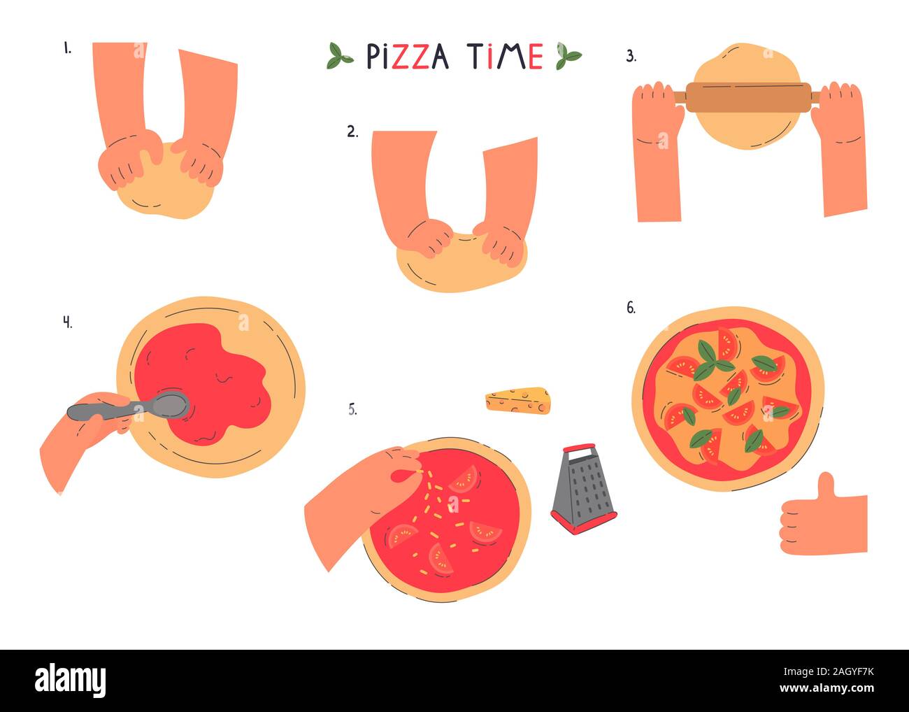 Les mains et pétrir la pâte faire la pizza,symboles isolés Illustration de Vecteur