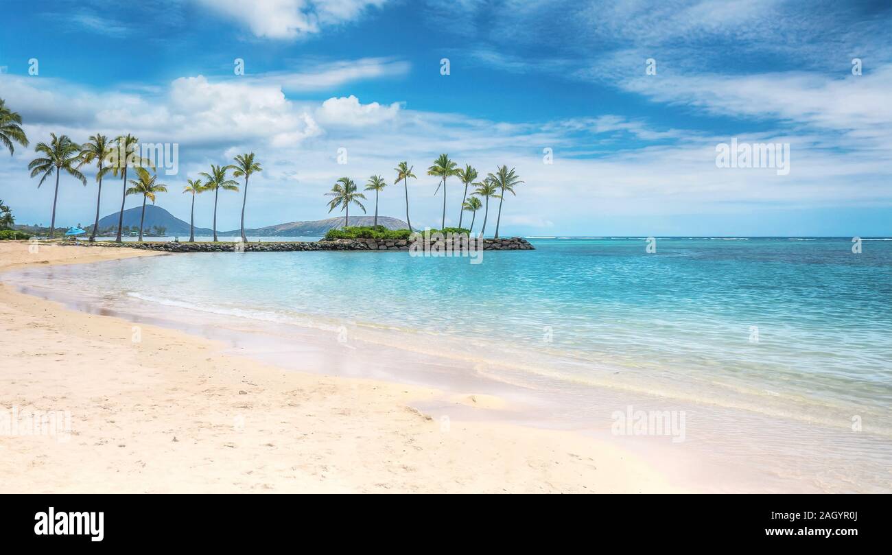 Une belle scène de plage dans la région de Honolulu Kahala, avec sable fin et blanc, eau turquoise peu profonde, une vue sur des cocotiers et Diamond Head. Banque D'Images