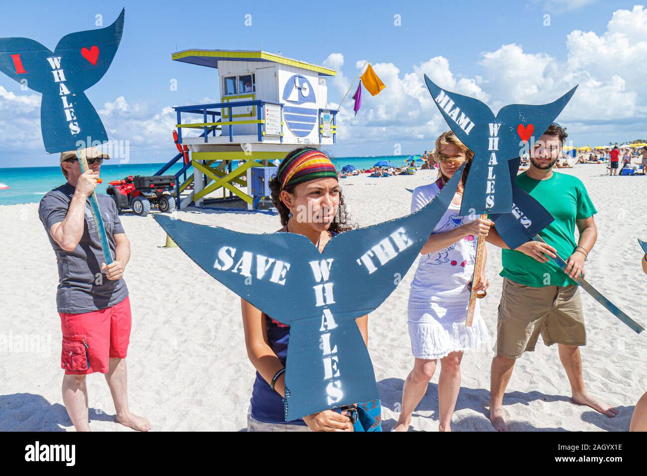 Miami Beach Florida,Greenpeace,manifestation,protestation,Save the Whales,signe,logo,groupe,supporters,Hispanic Latin Latino immigrants ethniques mino Banque D'Images