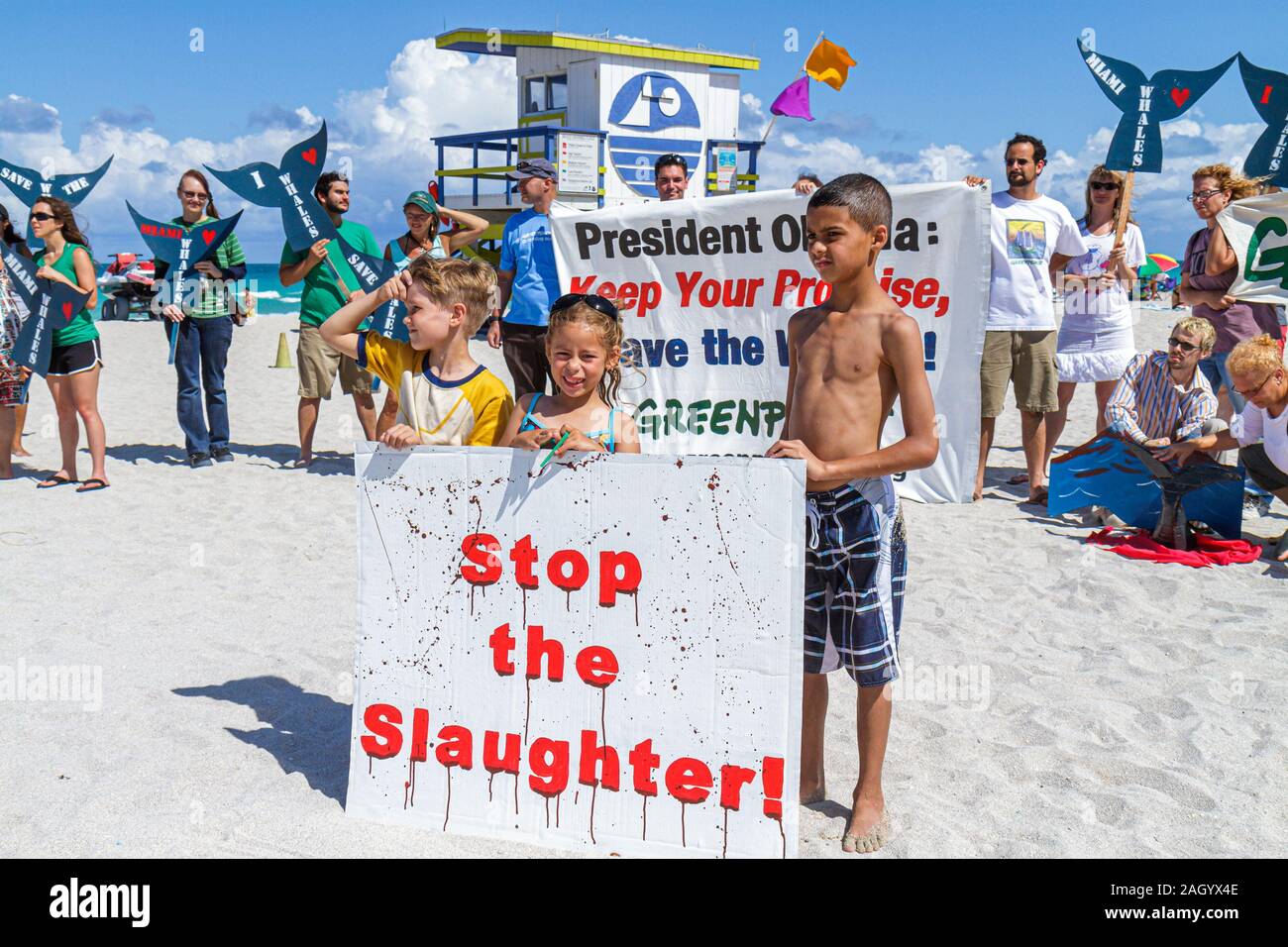 Miami Beach Florida,Greenpeace,manifestation,protestation,Save the Whales,signe,groupe,supporters,hispanique garçon garçons fille masculine,filles filles filles filles enfants FL10 Banque D'Images