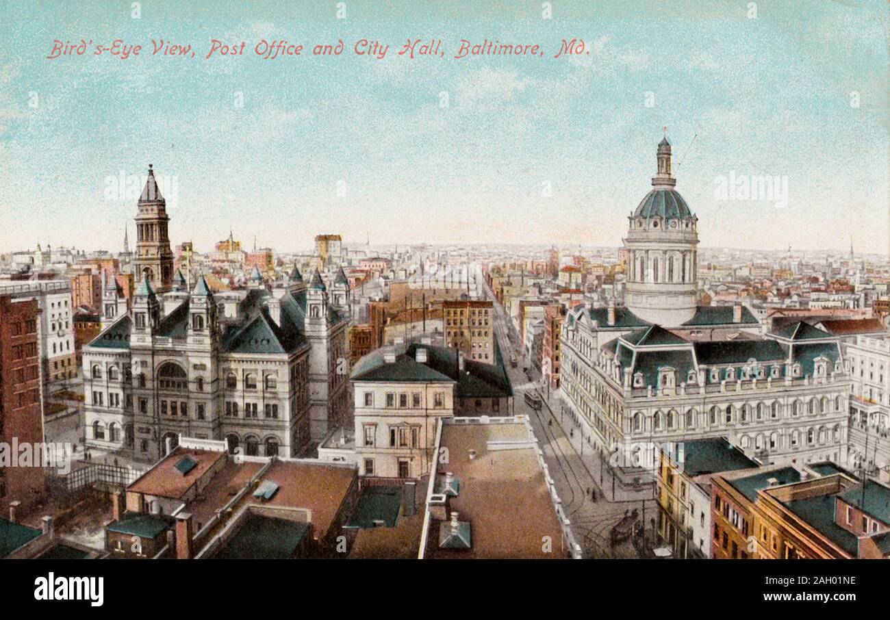 Une vue aérienne de la Poste et l'Hôtel de ville au centre-ville de Baltimore, Maryland, vers 1907-1914. Banque D'Images
