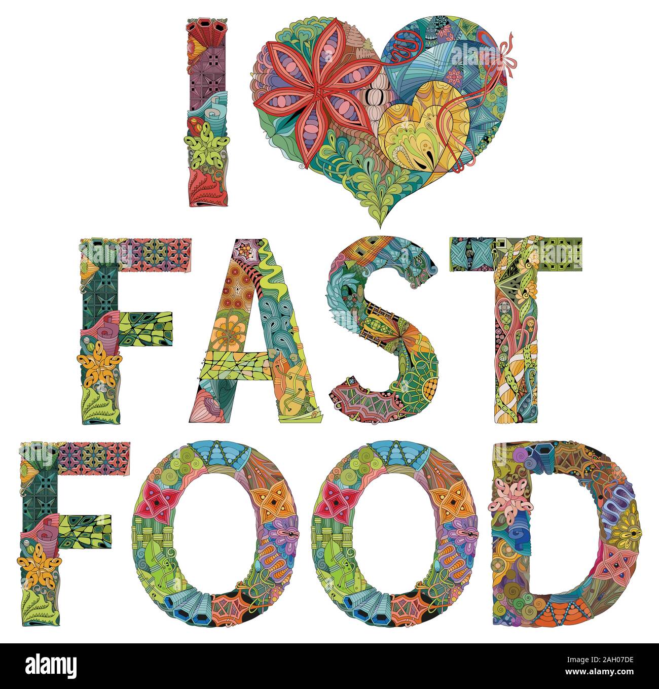 Mots J'adore le FAST FOOD. Objet décoratif de scénario zentangle Illustration de Vecteur