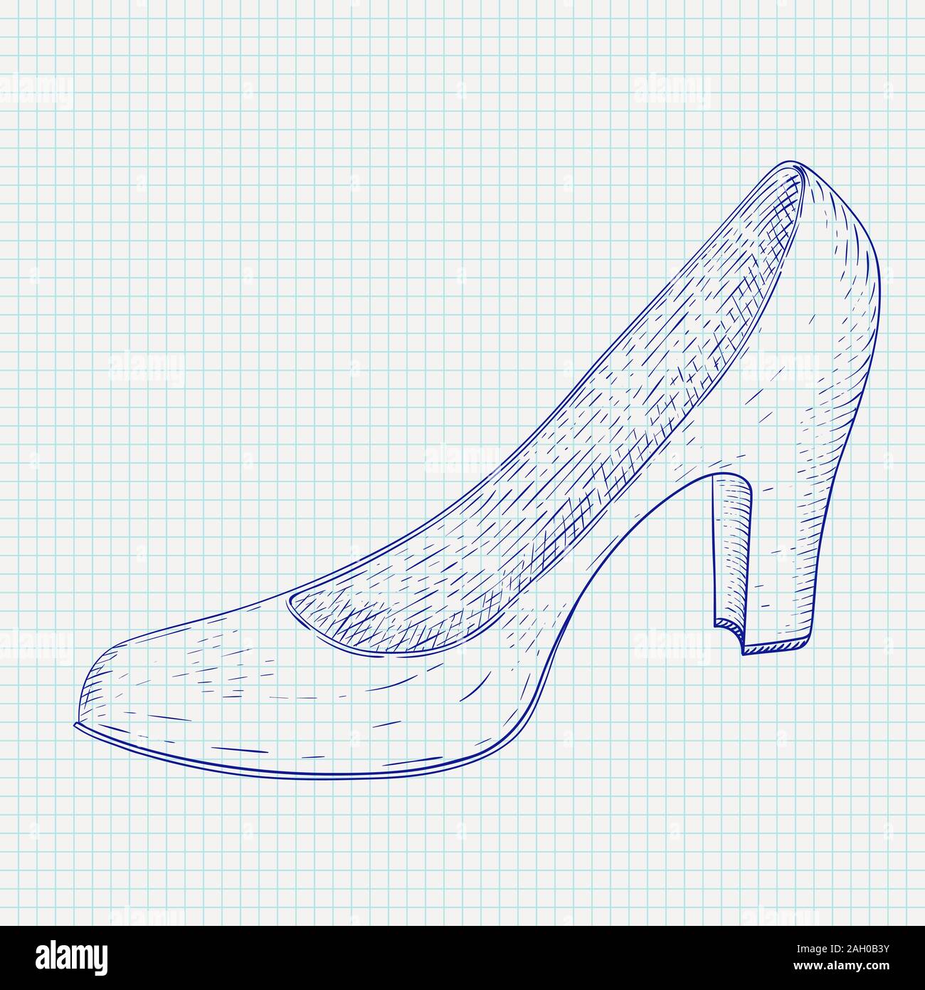 Chaussures femmes. Croquis dessinés à la main. Icône bleu sur fond d'ordinateur portable Illustration de Vecteur