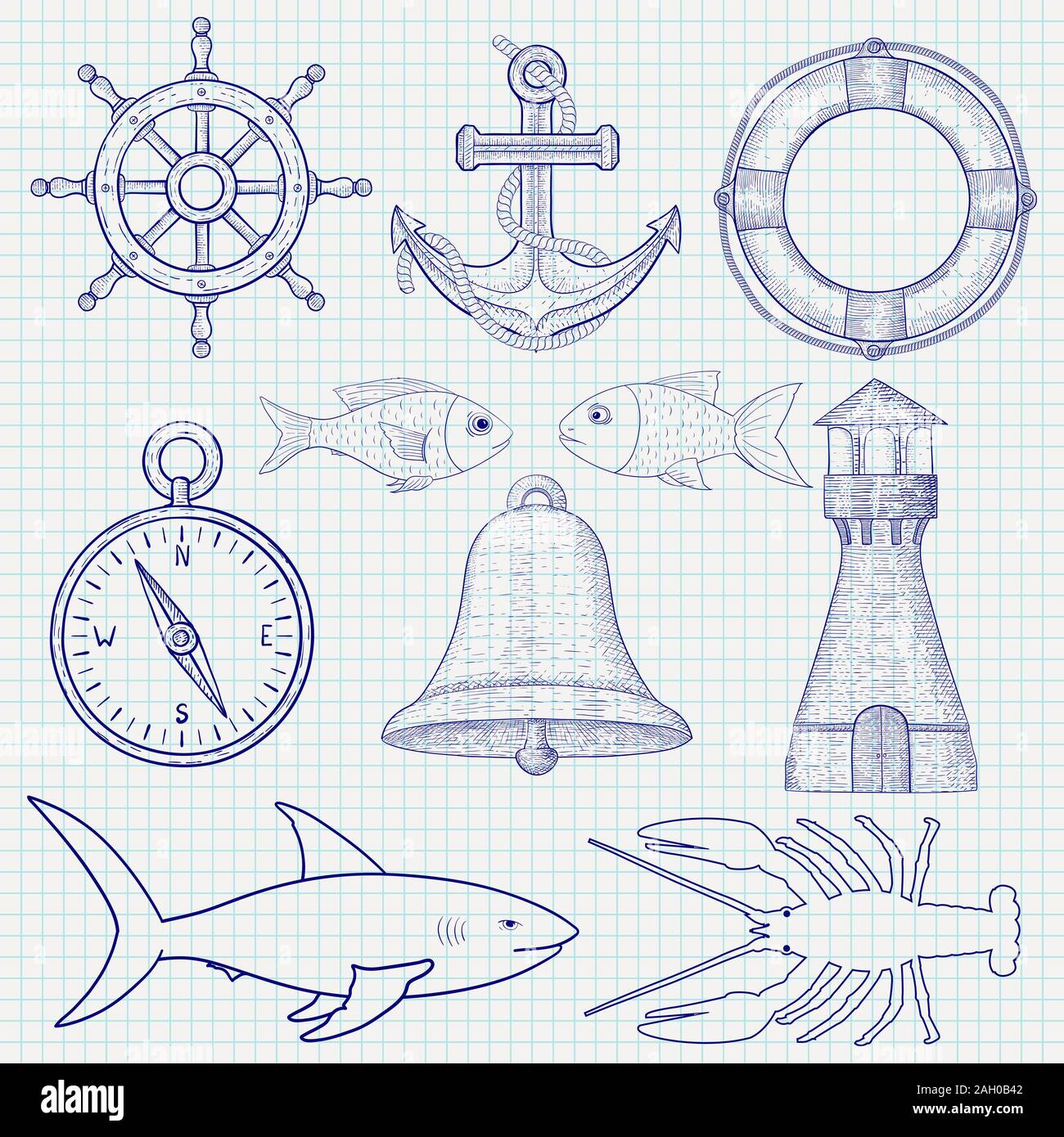 Symboles nautique. Collection d'esquisses. Sur fond d'ordinateur portable. Vector illustration. Illustration de Vecteur