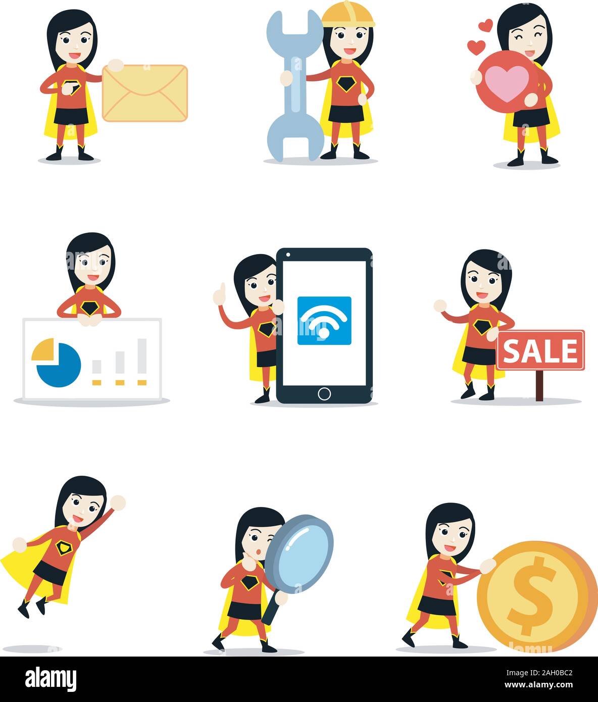 Jeu de femme de caractère dans un costume de super héros. Illustration de Vecteur