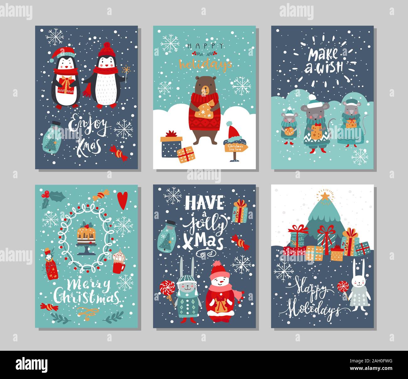 Ensemble de cartes de souhaits de temps des fêtes d'hiver. Vector set de Noël Illustration de Vecteur