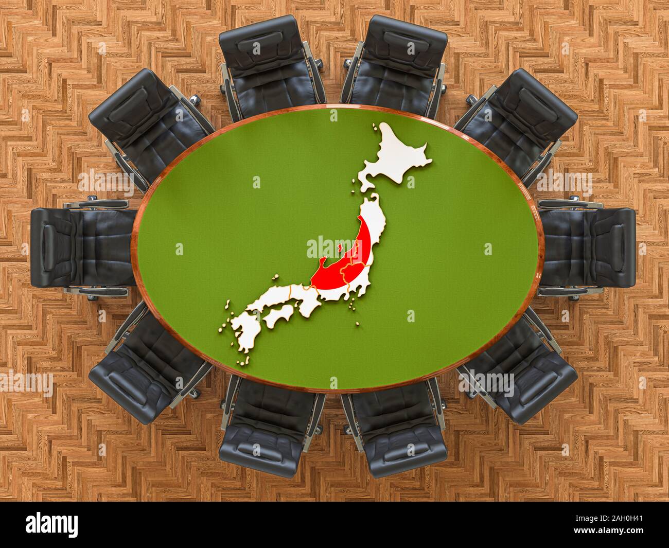 Réunion du gouvernement japonais. La carte du Japon sur la table ronde, 3D Rendering Banque D'Images