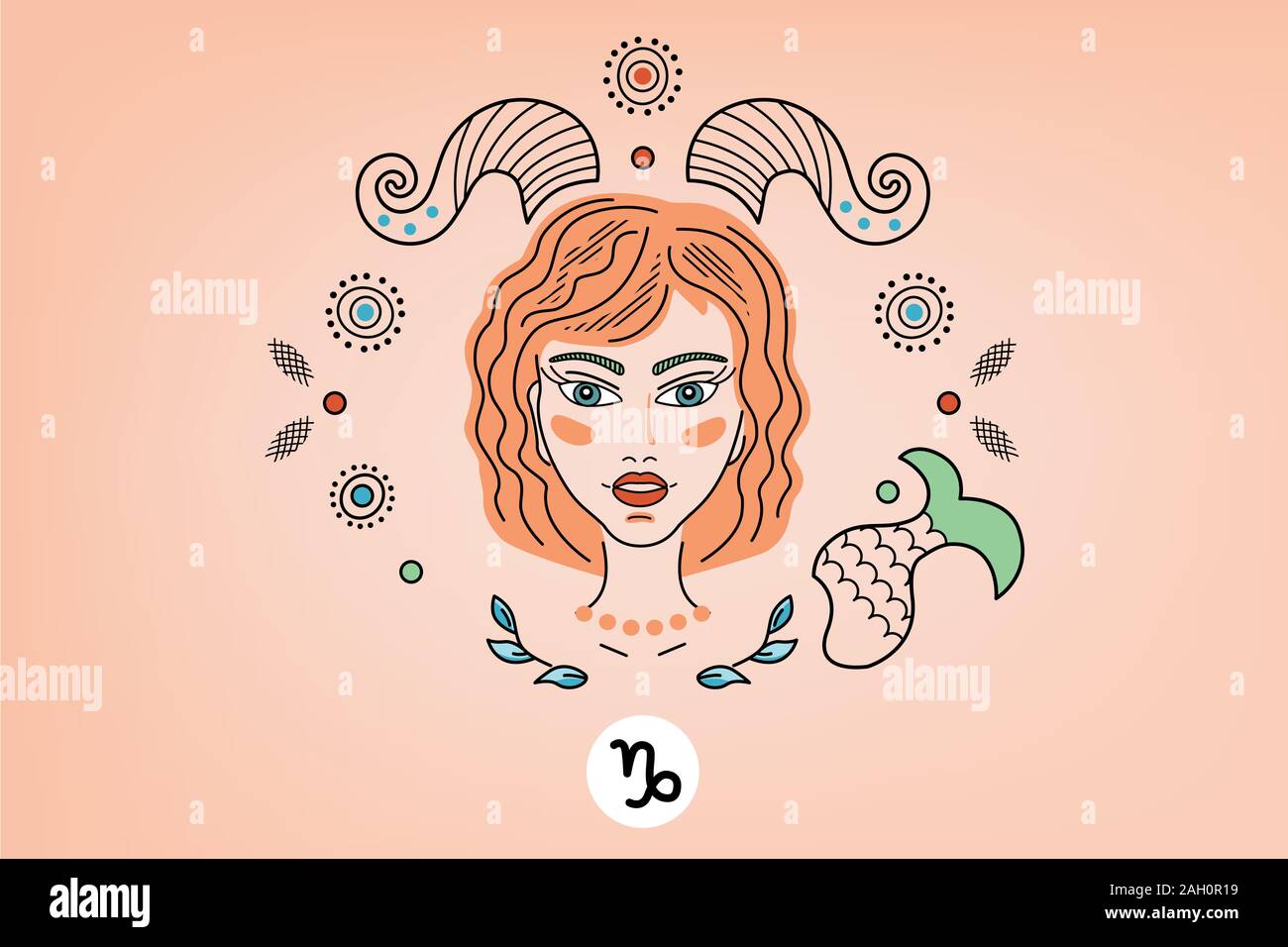 Vector Illustration de constellations du zodiaque Capricorne, logo, tatouage. Fille ou femme avec des cornes et une queue de poisson, l'ornement de fantaisie Banque D'Images
