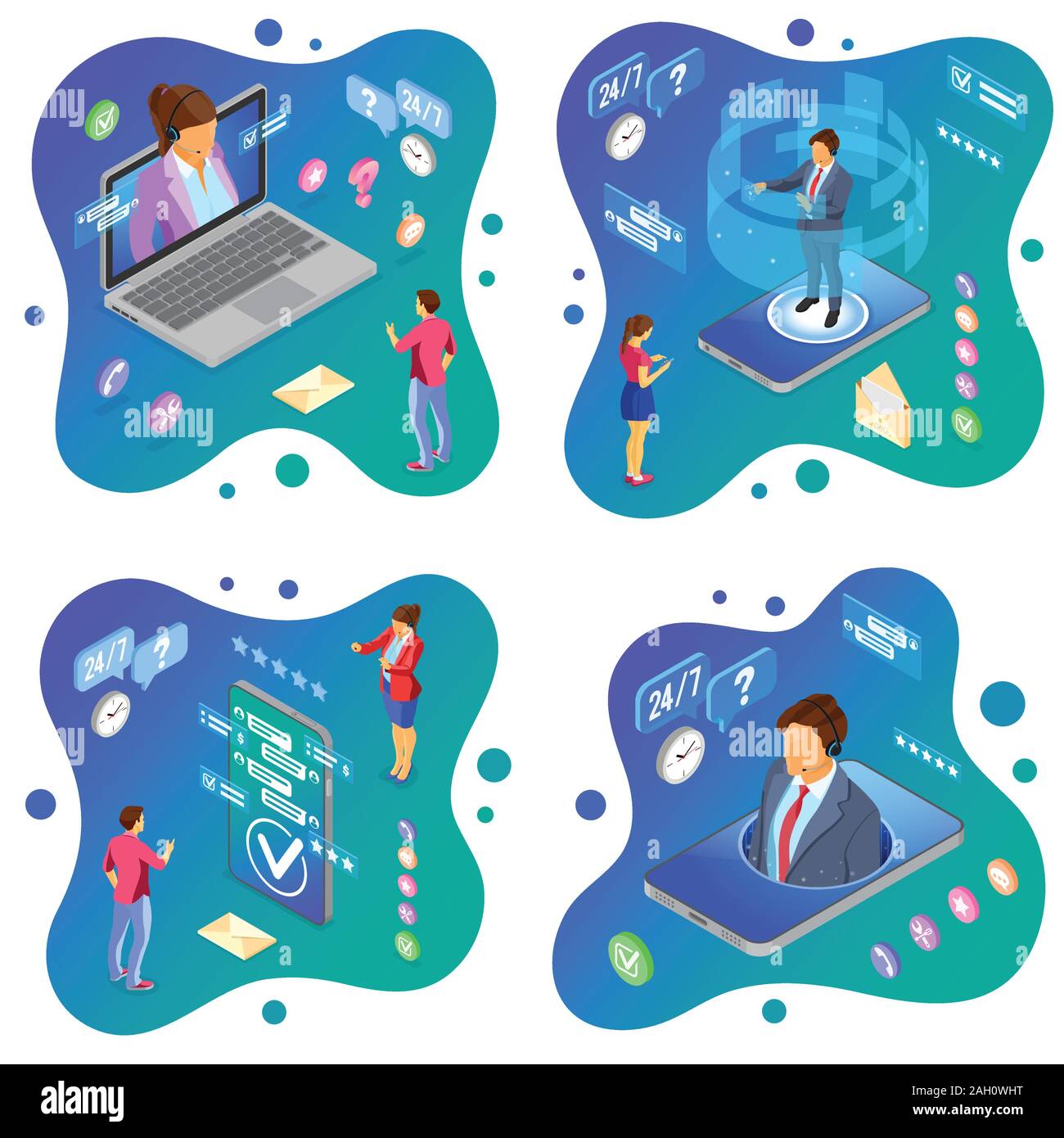 Modèles de support client en ligne isométrique Illustration de Vecteur