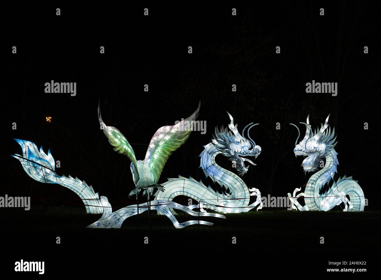 Varsovie, Pologne - 16 décembre 2019 : Dragons et owl au festival lumière chinois, la culture chinoise traditionnelle exposition, l'éclairage de nuit au Fort Bema Banque D'Images