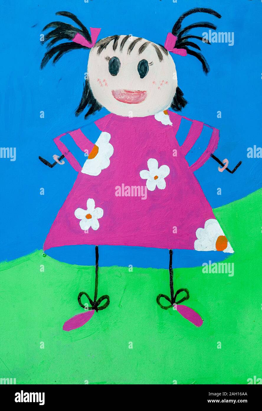 L'enfant naïve peinture d'un style de fille d'âge préscolaire avec des nattes en bleu, vert, rouge et jaune Banque D'Images