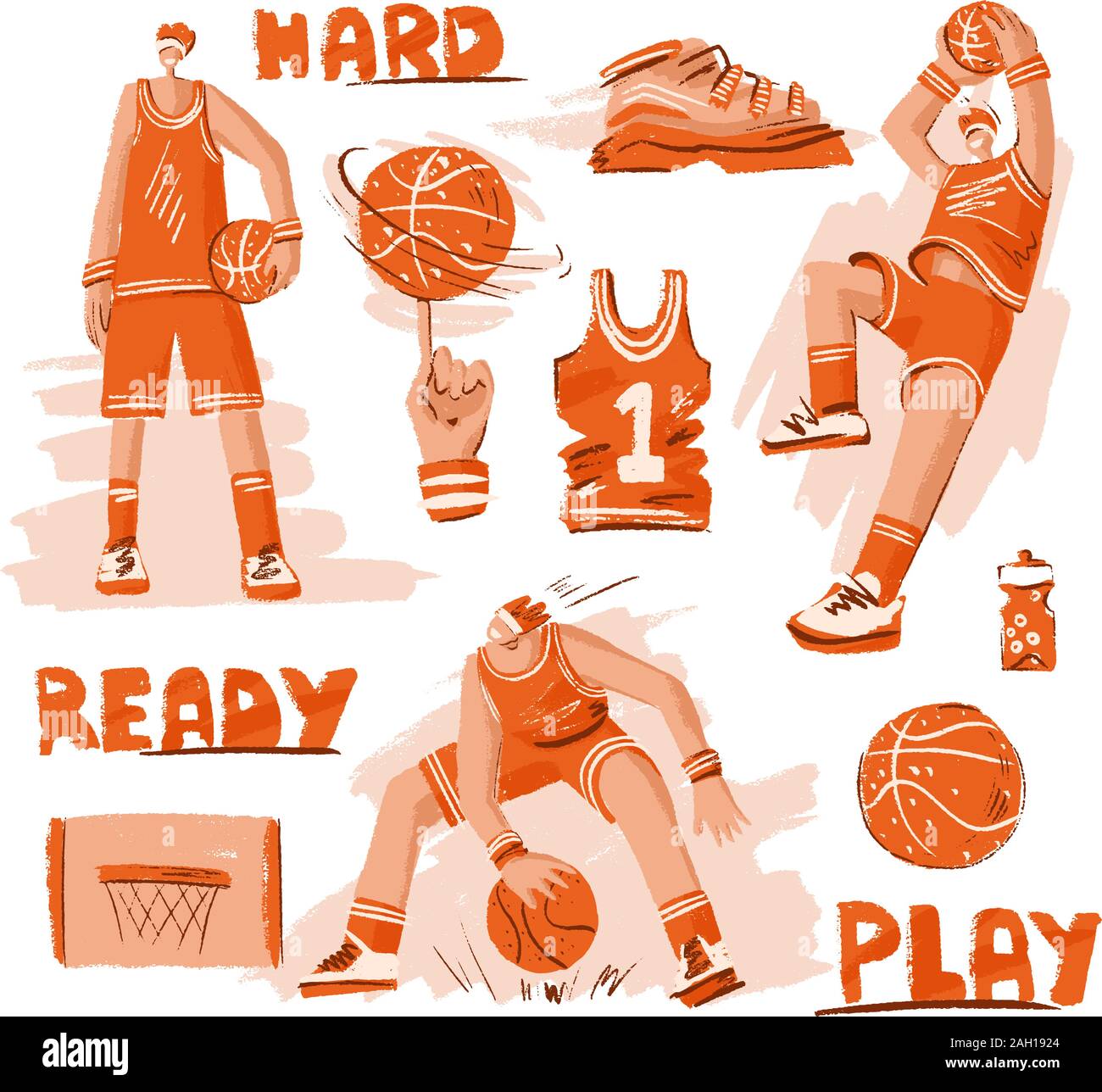 Croquis vecteur ensemble de texturé - basket-ball Basket-ball, basket, boule, chaussures de sport. Vector sport collection moderne de doodle, dessiner et main line Illustration de Vecteur