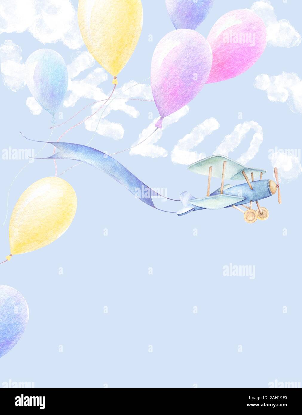Invitation de douche de bébé. Bonjour au nouveau-né. Welcom signe. De l'affiche. Ballons colorés, nuages, ciel bleu. Voler en avion. Lettrage à la main. L'illustration pour enfants Banque D'Images
