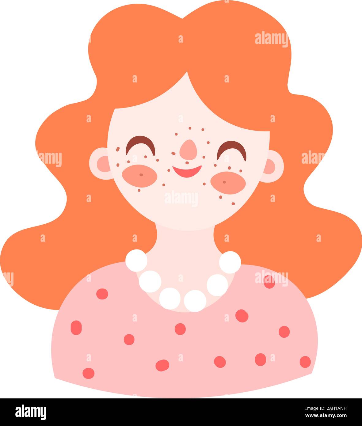 Cute cartoon illustration de jolie belle femme rousse. Fille, femme avatar en robe avec perles, souriant. vector illustration isolé de caractères Illustration de Vecteur
