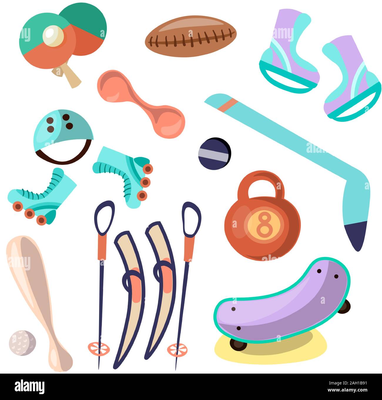 Vector set de cartoon kids d'équipements sportifs. Raquettes de tennis, ski, de l'état et le baseball dans un rasquet drôle ensemble d'été pour enfants sport et jeux Illustration de Vecteur