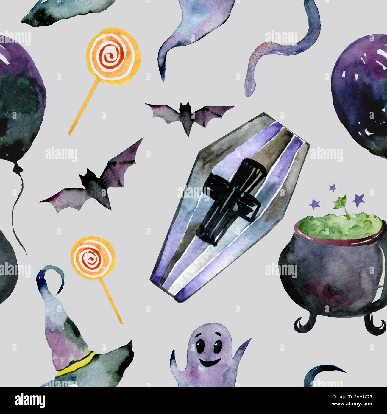 Modèle logique pour l'Halloween. Citrouille, fantôme, bat, bonbons, et d'autres articles sur le thème de l'Halloween. Cartoon Halloween pour motif lumineux Banque D'Images