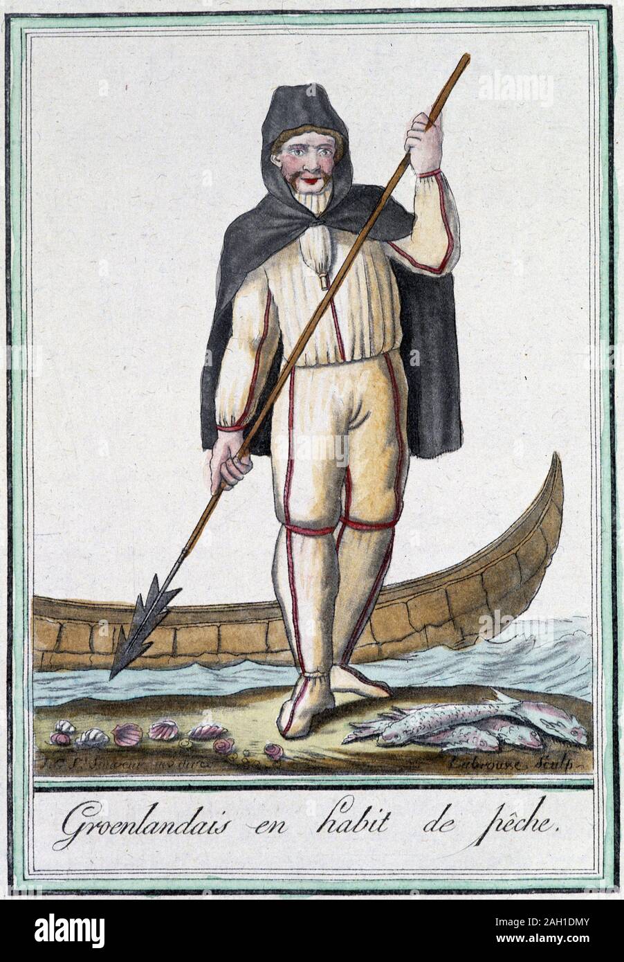 Groenlandais en habit de pche - dans 'Encyclopedie des voyages' par Grasset Saint-sauveur, ed. Paris 1796 Banque D'Images