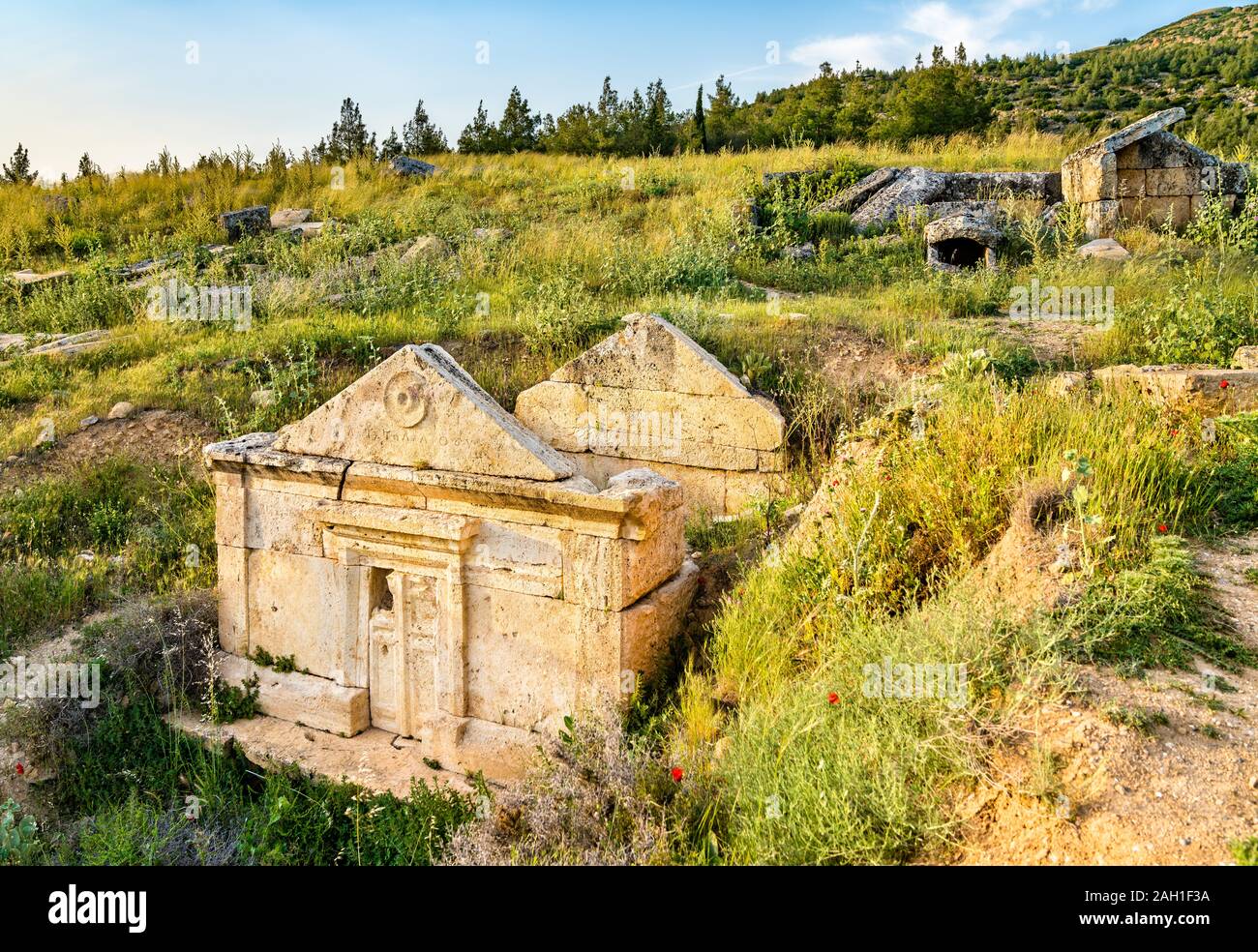 Tombe ancienne à la Hierapolis-Pamukkale site archéologique en Turquie Banque D'Images