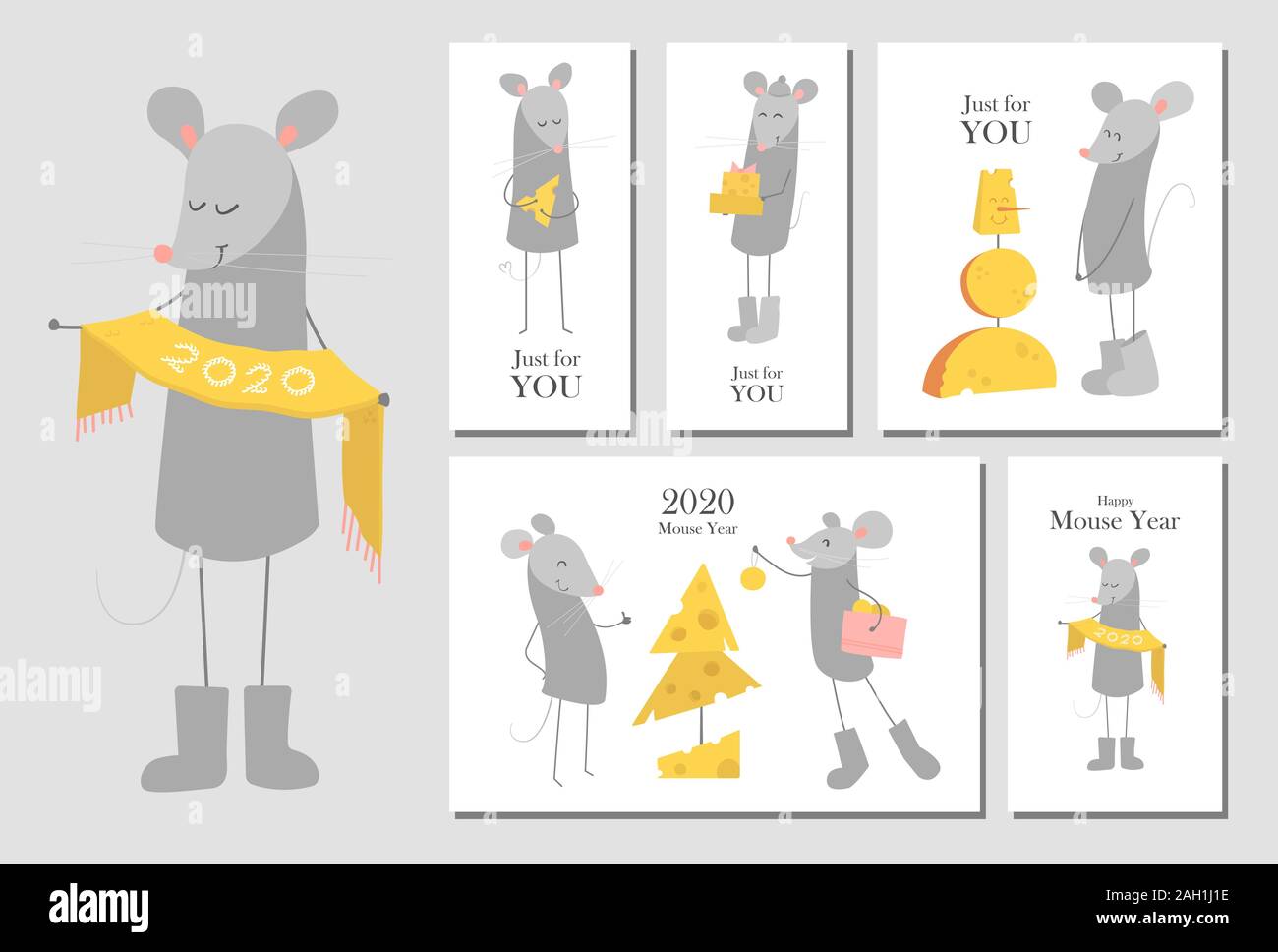 Ensemble de cartes de vœux de Nouvel An du vecteur des modèles avec happy smiling funny cartoon des souris. Symbole du Nouvel an chinois 2020. Bannière, concept de l'affiche. La souris Illustration de Vecteur
