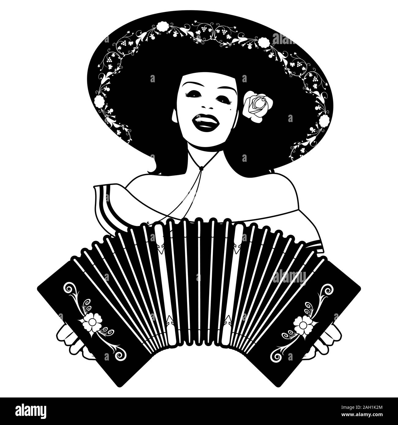 Belle Amérique girl wearing Mexican Hat, chantant et jouant de l'accordéon Illustration de Vecteur