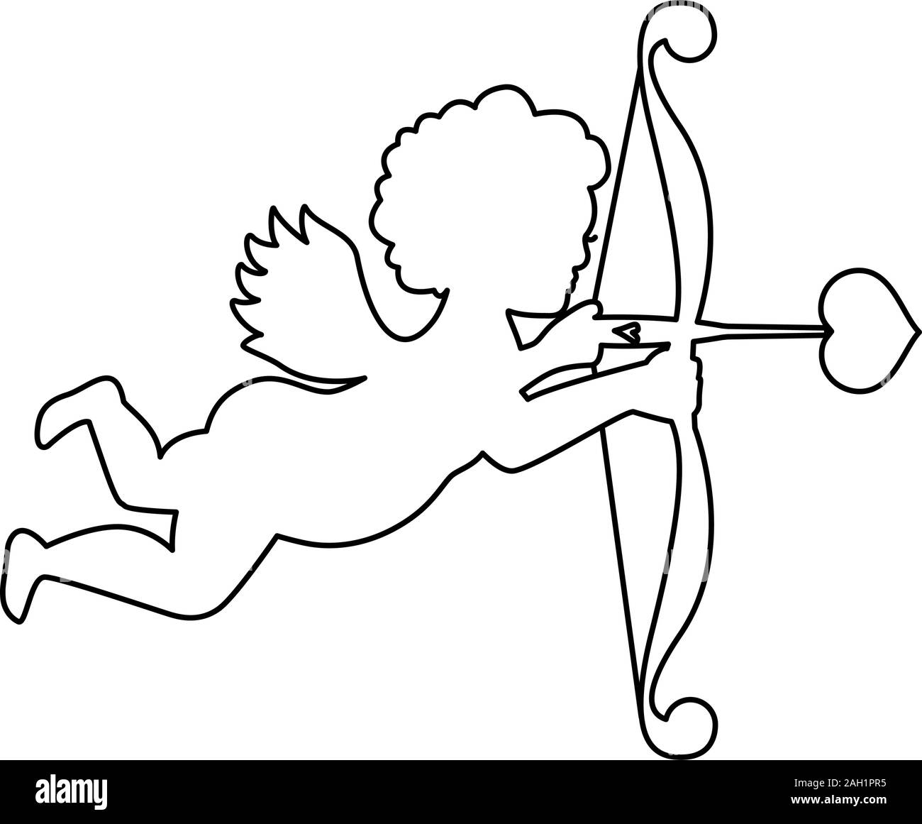 Cupidon. Silhouette d'un ange chérubin avec un arc et une flèche de coeur. Lineart isolées image blanche. Illustration de Vecteur