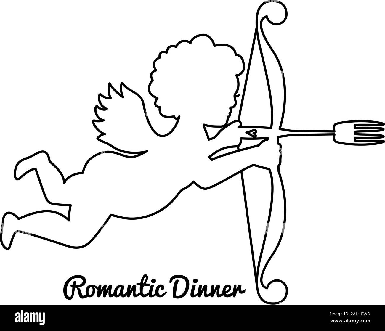 Silhouette de Cupidon avec un arc et une flèche de la fourche. Dîner romantique illustration pour restaurants. Lineart isolées image blanche. Illustration de Vecteur