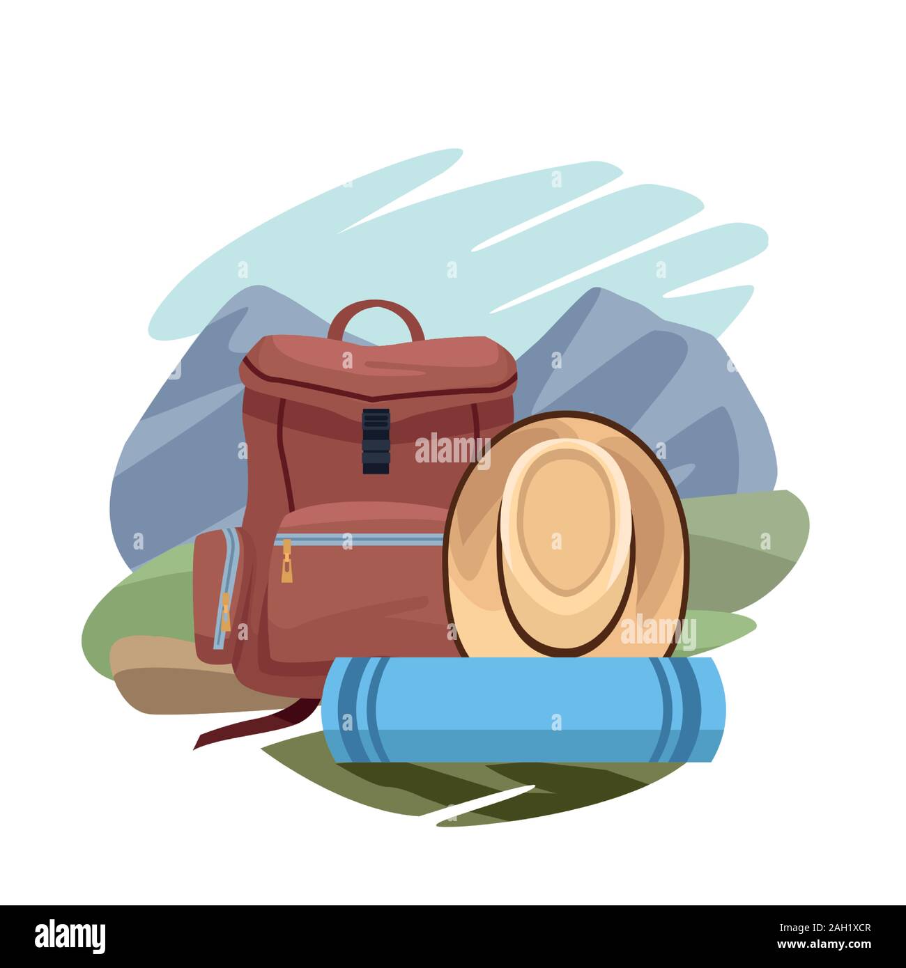 Sac à dos avec sac de couchage et chapeau sur paysage et fond blanc, un design coloré Illustration de Vecteur