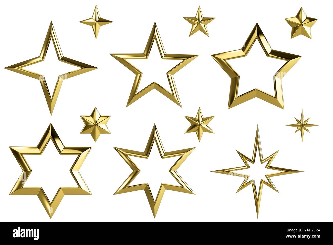 Golden stars collection isolated with clipping path - 3D render Banque D'Images