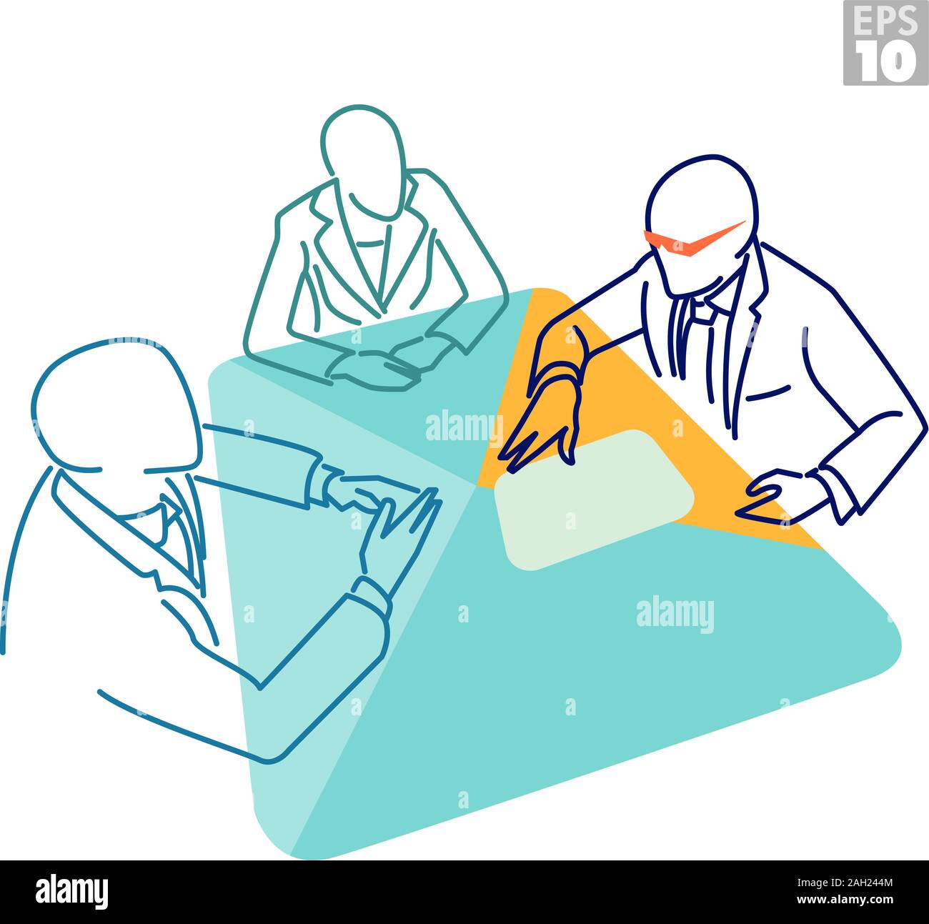 Réunion d'affaires avec deux hommes d'affaires et entrepreneur femme assis autour d'une table tandis que le patron cool avec des nuances communique sa stratégie. Illustration de Vecteur