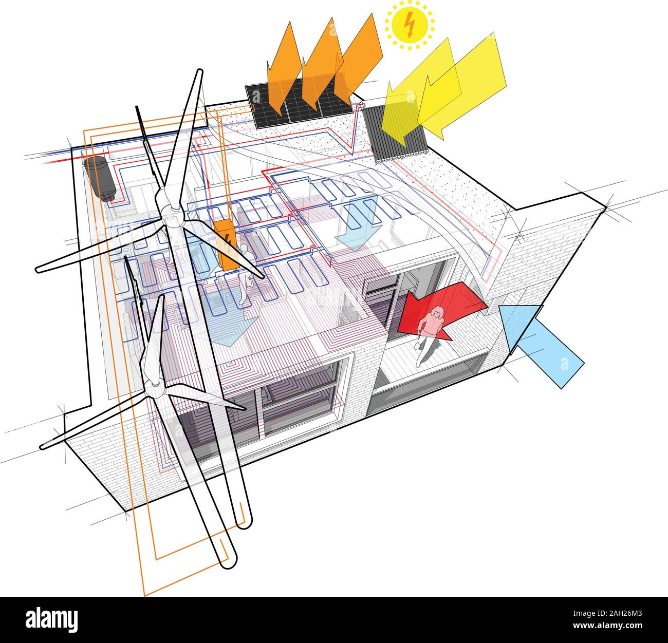 Schéma Appartement avec chauffage au sol et connecté à l'Éoliennes et panneaux solaires et photovoltaïques et de refroidissement et de plafond Illustration de Vecteur
