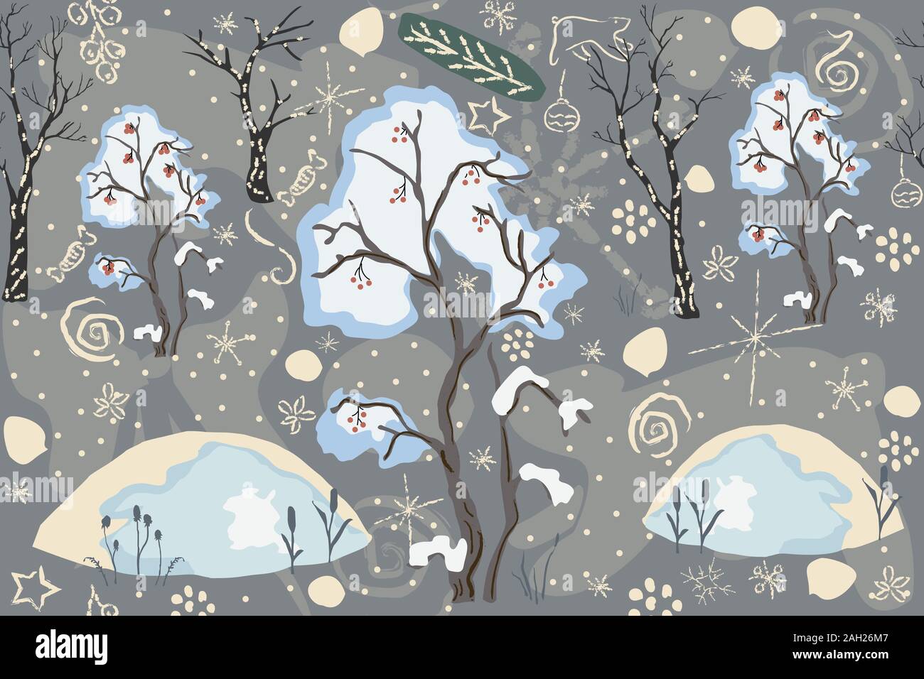 Motif d'hiver sans couture avec merry Christmas Tree, berry tree couverte de neige et des congères. Répéter l'hiver. Vector Illustration Illustration de Vecteur