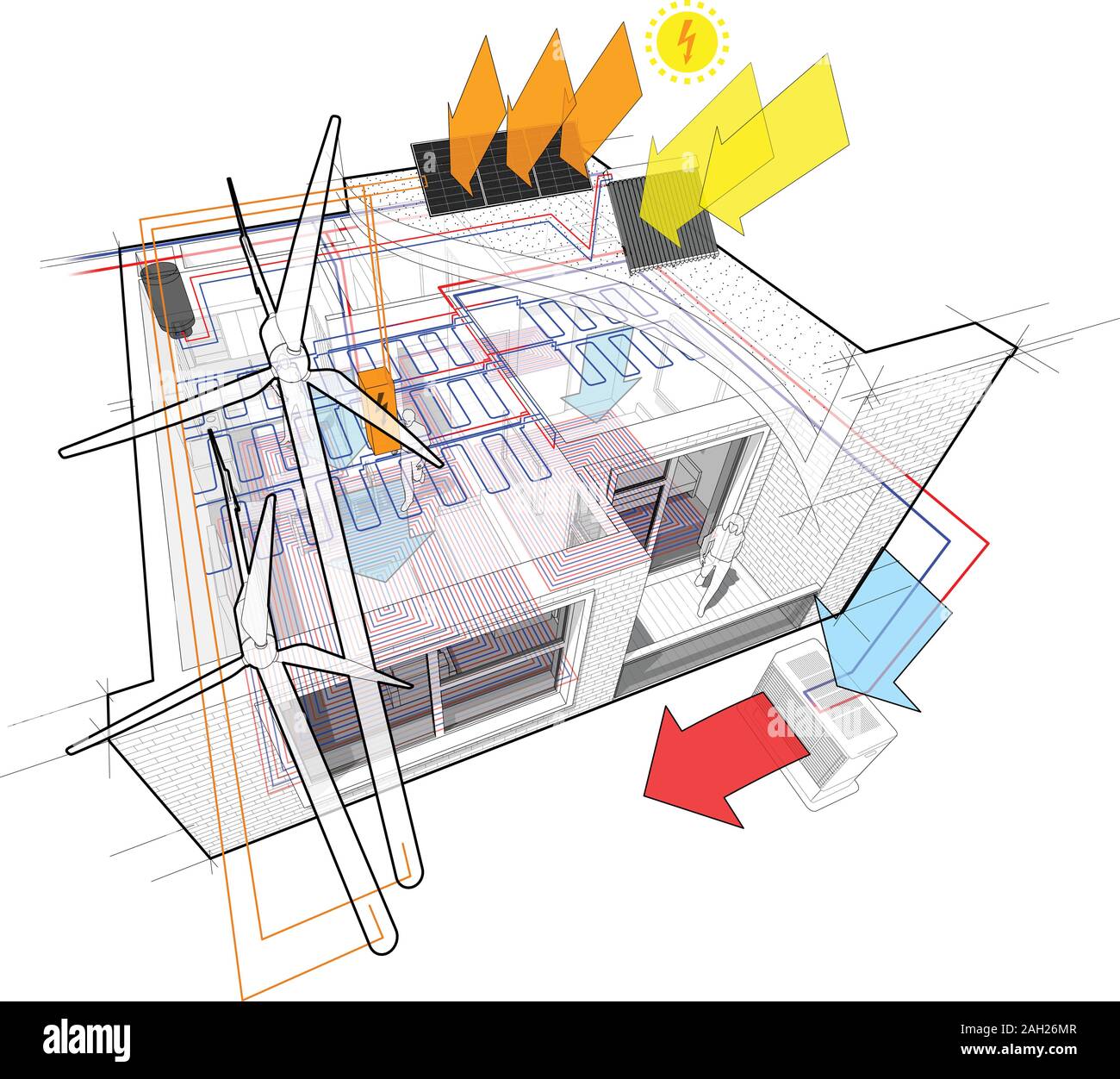 Schéma Appartement avec chauffage au sol et connecté à l'Éoliennes et panneaux solaires et photovoltaïques et de refroidissement et de plafond Illustration de Vecteur