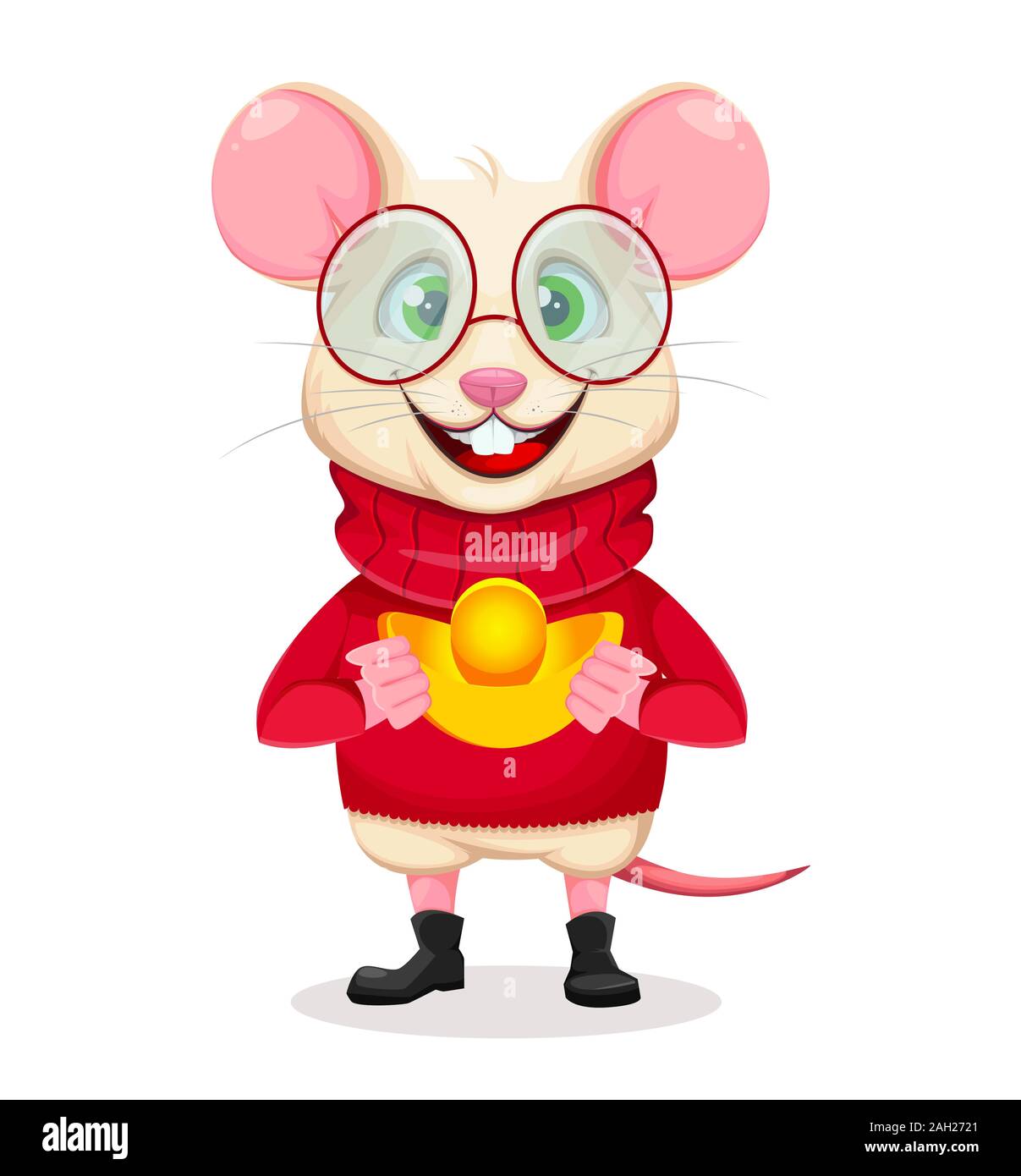 Joyeux Noël et Bonne Année. Rat rigolo dans les verres. Cute cartoon character rat. Vector illustration sur fond blanc Illustration de Vecteur