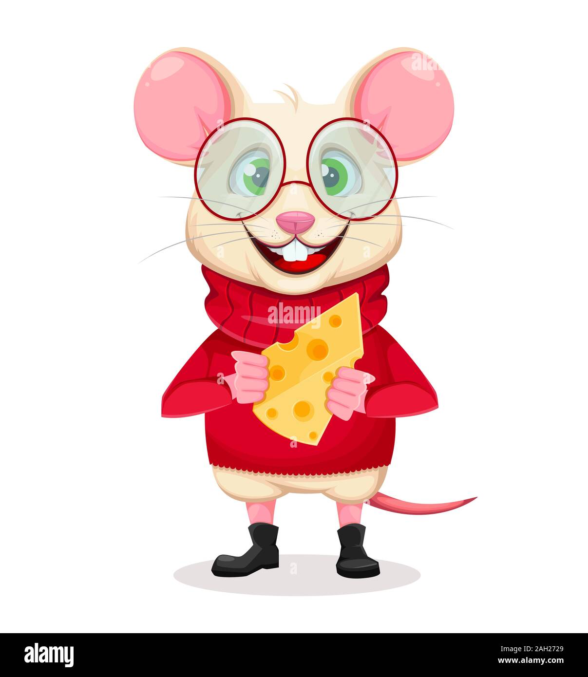 Joyeux Noël et Bonne Année 2020 Carte de souhaits avec drôle rat dans verres holding fromage. Drôle de personnage de rat. Vector illustration. Illustration de Vecteur