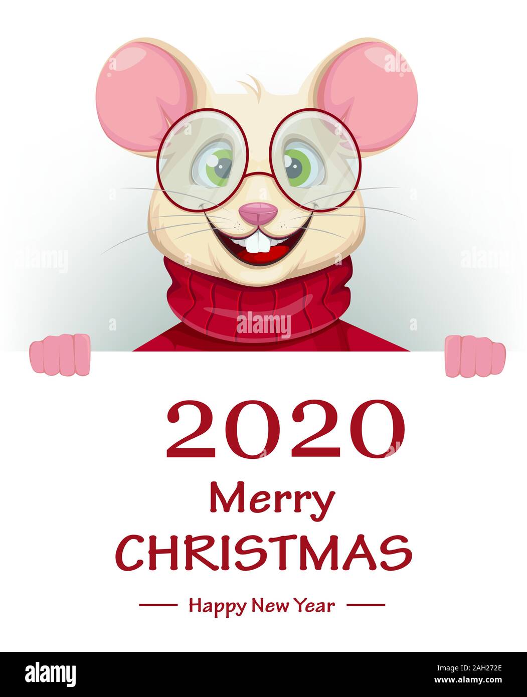 Joyeux Noël et Bonne Année 2020 Carte de souhaits avec drôle rat dans des verres. Drôle de personnage de rat. Vector illustration. Illustration de Vecteur