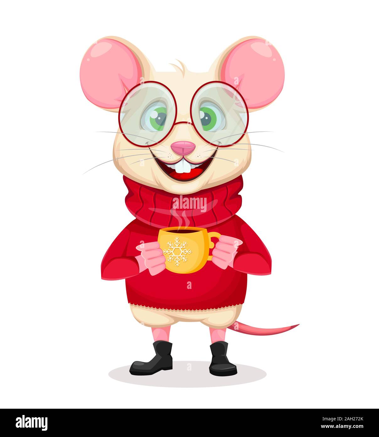 Joyeux Noël et Bonne Année. Rat rigolo dans les verres. Cute cartoon character rat tenant une tasse de café. Vector illustration sur fond blanc. Illustration de Vecteur