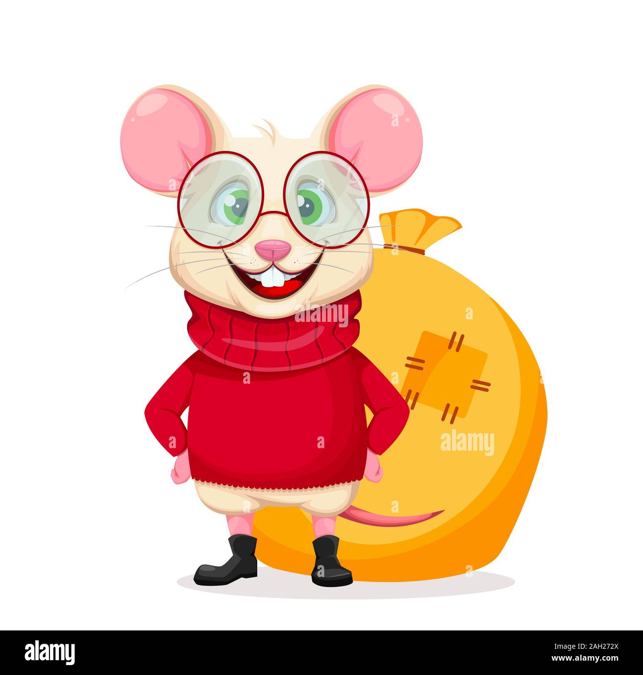 Joyeux Noël et Bonne Année 2020 Carte de souhaits avec drôle rat dans lunettes et gros sac de cadeaux derrière. Drôle de personnage de rat. Vector Illustration de Vecteur