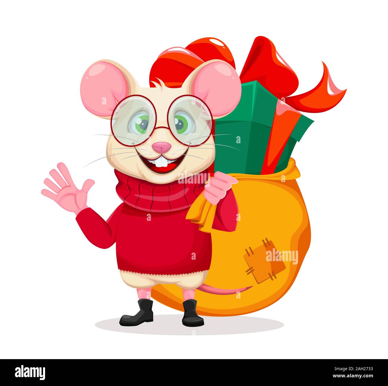 Joyeux Noël et Bonne Année 2020 Carte de souhaits avec drôle rat dans lunettes et gros sac de cadeaux derrière. Drôle de personnage de rat forme h Illustration de Vecteur