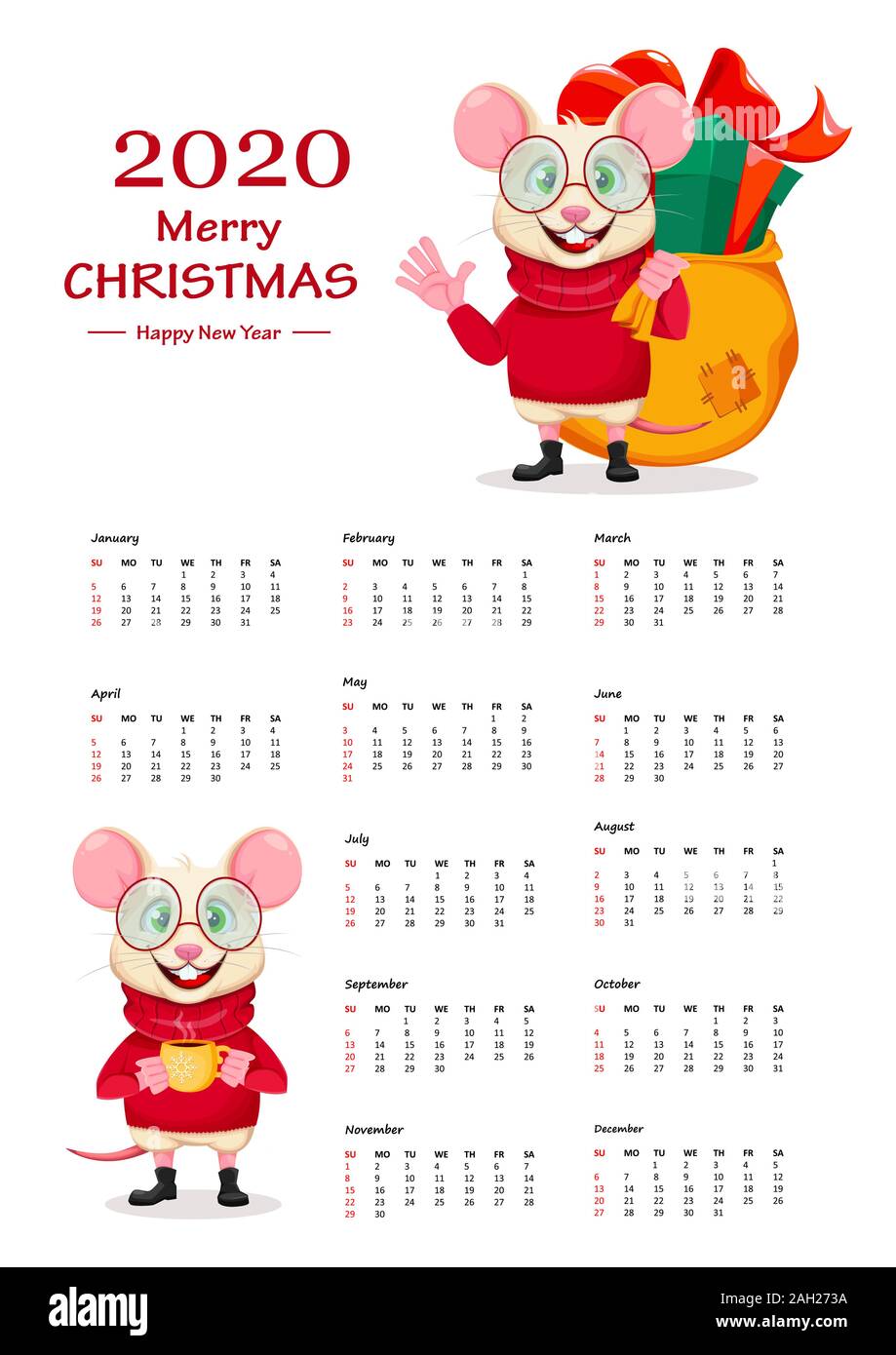 Joyeux Noël et Bonne Année. Calendrier des 2020 ans. Rat rigolo dans les verres. Cute cartoon character rat. Vector illustration. Illustration de Vecteur