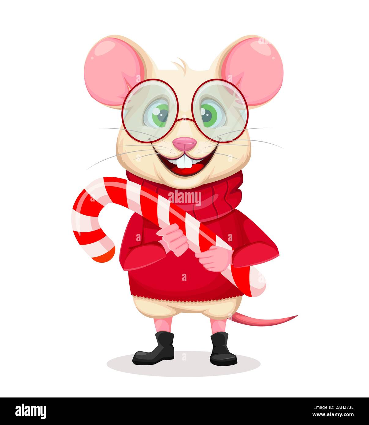 Joyeux Noël et Bonne Année. Rat rigolo dans les verres. Cute cartoon character holding rat Candy Cane. Vector illustration sur fond blanc. Illustration de Vecteur