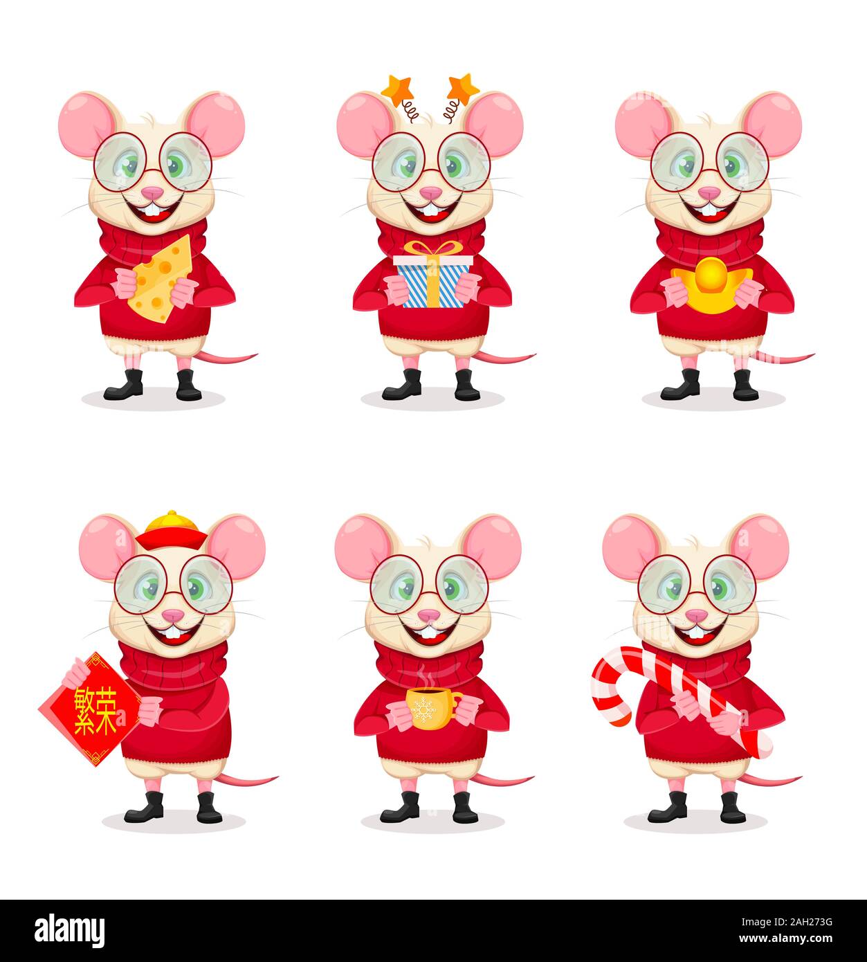 Joyeux Noël et Bonne Année. Drôle de rat dans les verres, ensemble de six poses. Cute cartoon character rat. Vector illustration. Le lettrage se traduit par p Illustration de Vecteur