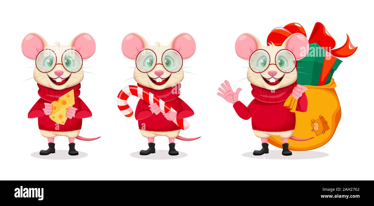 Joyeux Noël et Bonne Année. Drôle de rat dans les verres, set de 3 poses. Cute cartoon character rat. Vector illustration Illustration de Vecteur
