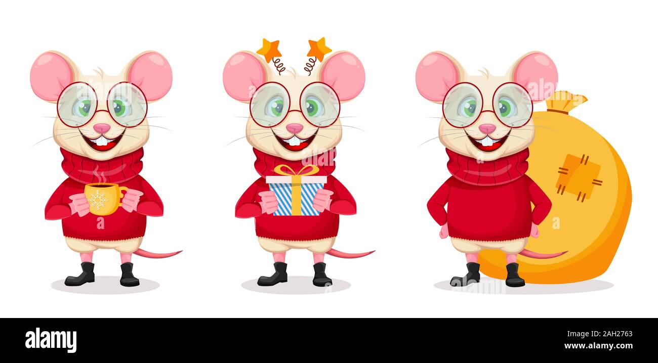Joyeux Noël et Bonne Année. Drôle de rat dans les verres, set de 3 poses. Cute cartoon character rat. Vector illustration Illustration de Vecteur