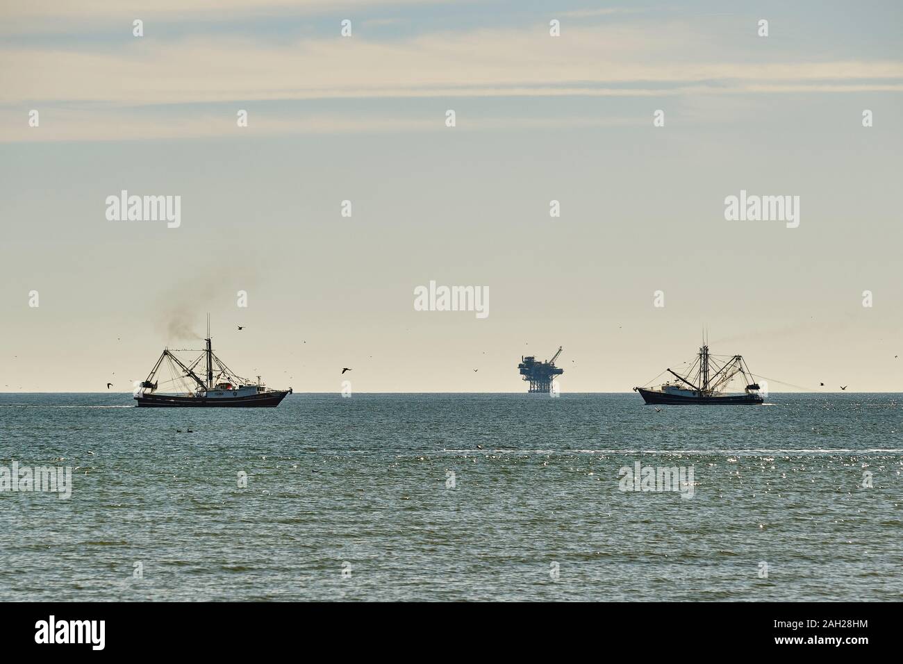 Bateau de la crevette dans le golfe du Mexique, la pêche à la crevette au large de Dauphin Island, Alabama, USA. Banque D'Images