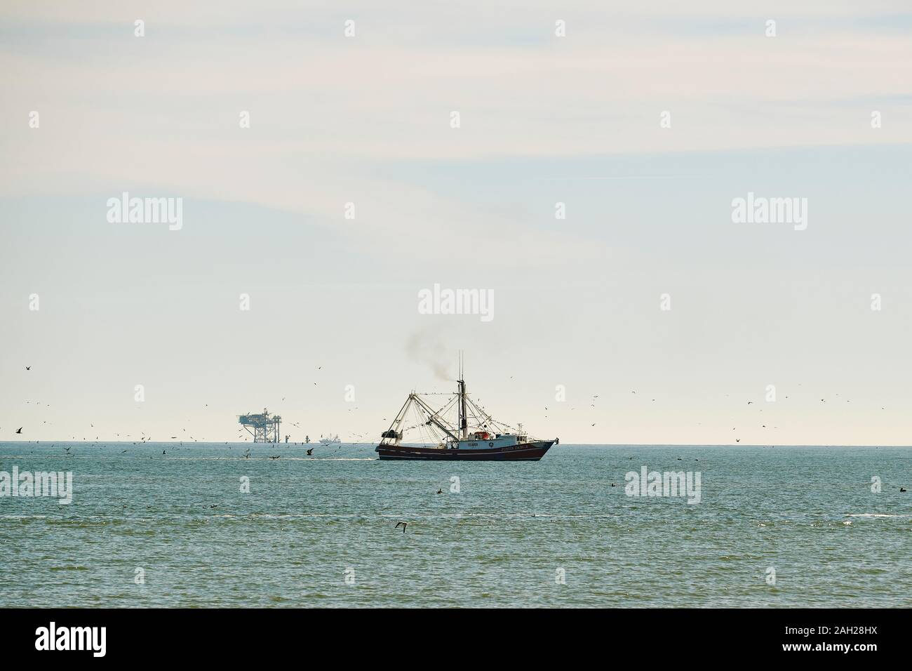 Bateau de la crevette dans le golfe du Mexique, la pêche à la crevette au large de Dauphin Island, Alabama, USA. Banque D'Images